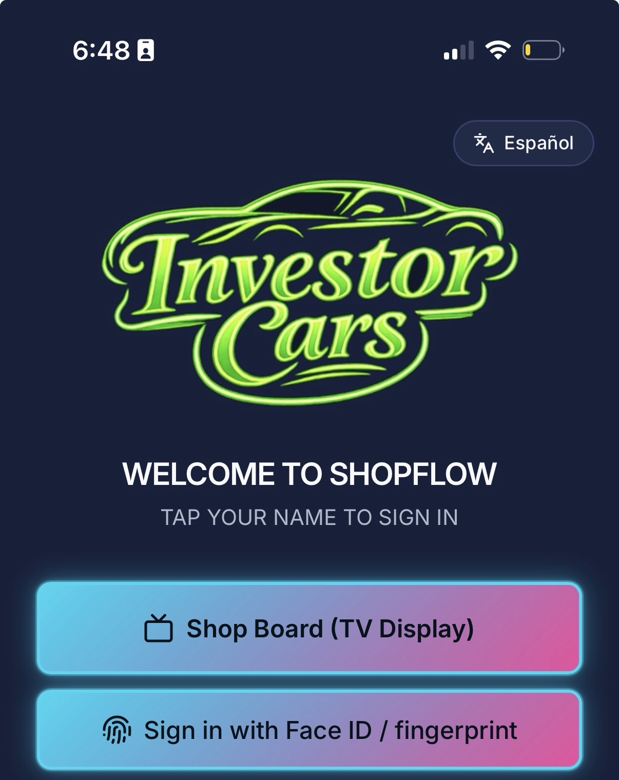 ShopFlow login screen on iPhone with Shop Board TV Display and Face ID sign-in